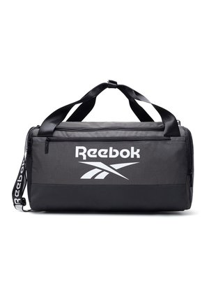 Borsa da viaggio Reebok nera e grigia con due manici, tracolla, tasca frontale con zip e logo bianco su sfondo semplice.