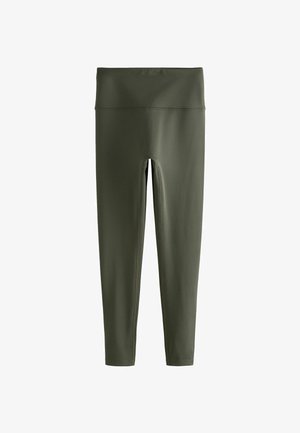 Olivgröna leggings i elastiskt material med hög midja och sömlös design. Slät textur utan synliga mönster.