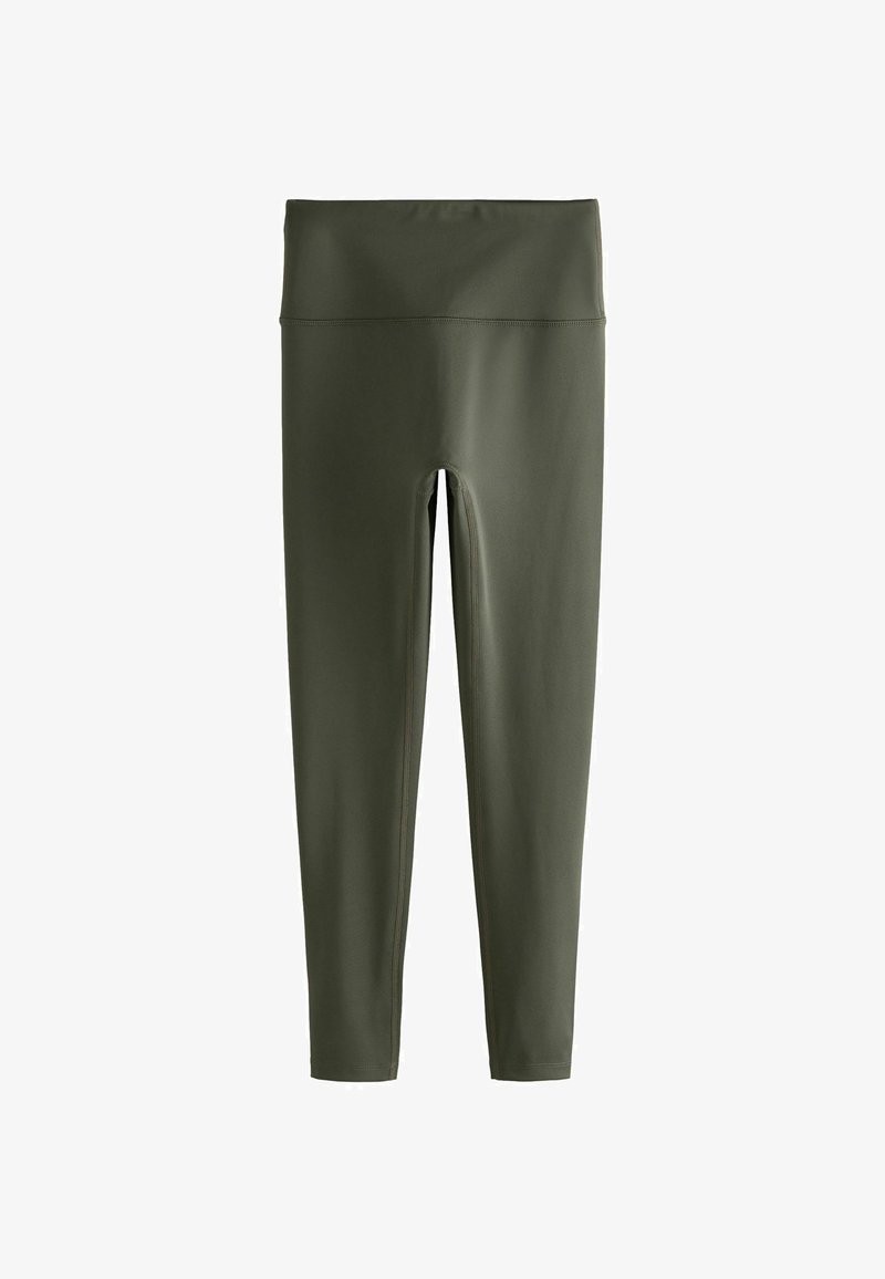 Olive rohelised legginsid, mis on valmistatud venivast materjalist, kõrge vöökohaga ja ilma õmblusteta disainiga. Sile tekstuur, ilma nähtavate mustriteta.