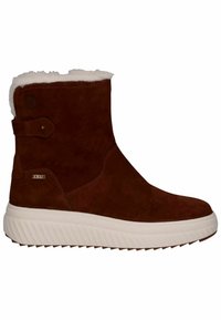 Brązowy zamszowy botek za kostkę z białą gumową podeszwą, z futrzanym ociepleniem, detalem z klamrą i teksturowanym bocznym panelem.