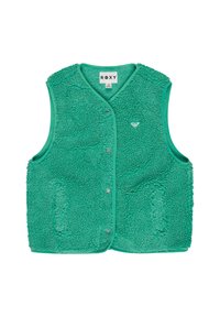Zielona, puszysta kamizelka z polaru z guzikami z przodu, dwoma bocznymi kieszeniami i logo w kształcie serca. Wykończona gładką tkaniną wzdłuż krawędzi.