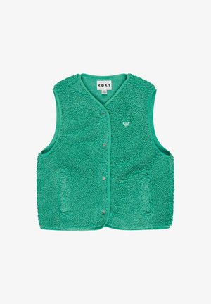 Zielona, puszysta kamizelka z polaru z guzikami z przodu, dwoma bocznymi kieszeniami i logo w kształcie serca. Wykończona gładką tkaniną wzdłuż krawędzi.