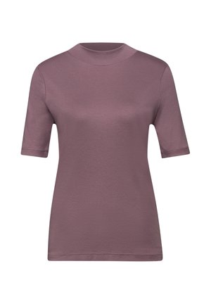 Top de manga corta en color malva con cuello tipo mock, diseño liso y textura de tela suave.