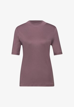 Kurzärmliges mauvefarbenes Oberteil mit Stehkragen, schlichtem Design und glatter Stoffstruktur.