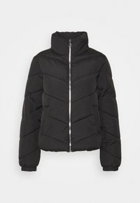 Svart puffjacka med hög krage, dragkedja fram och chevron-sömnads mönster. Har elastiska manschetter för en åtsittande look.
