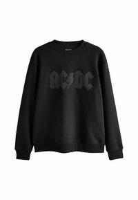Fekete pulóver bordázott, kerek nyakkivágással és mandzsettákkal. Az elülső részen az "AC/DC" logó található, fémbetétekkel díszítve. Sima textúrájú.