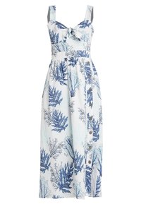 Robe midi sans manches blanche avec un imprimé corail bleu, détails de boutons à l'avant et un col noué.