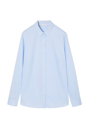 Chemise à manches longues bleu clair en tissu lisse. Elle dispose d'un col classique, d'une fermeture à boutons et d'une coupe décontractée avec des manches à poignet.