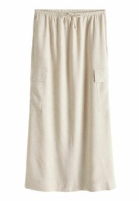 Falda beige hasta la rodilla con un corte relajado, que cuenta con una cintura elástica, cordón y dos bolsillos de parche laterales. Tejido texturizado.