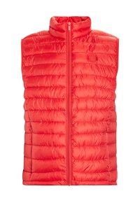 Gilet imbottito rosso con colletto alto, zip frontale completa e design a trapunta orizzontale. Texture liscia e aspetto leggero.