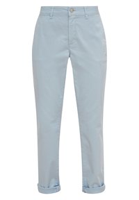 Pantalon en coton bleu clair à coupe droite, avec fermeture à bouton, passants pour ceinture et ourlets retroussés pour un look décontracté.