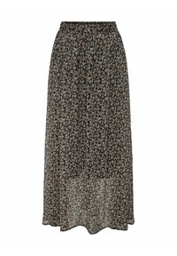 Gonna maxi floreale in tessuto nero, caratterizzata da un design fluido, texture morbida e piccoli motivi floreali multicolori su tutta la superficie.