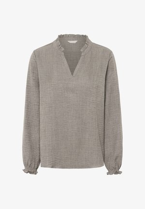 Hosszú ujjú világosszürke blúz fodros V-nyakrésszel és rugalmas, fodros mandzsettákkal, texturált, könnyű anyagból készült.