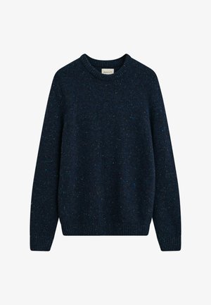 Dark navy blue knitted crewneck sweater with multicolored specks and ribbed cuffs and hem, displayed flat against white background.