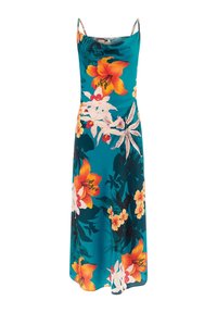 Kukallinen midi-mekko turkoosista kankaasta, johon on painettu kirkkaita oransseja ja valkoisia kukkia, ohuet hihnat ja istuva vartalonmyötäinen yläosa, jossa on laskostettu hame.