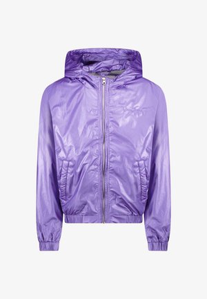 Paarse, lichtgewicht jas met rits, voorzien van een capuchon, elastische manchetten en voorzakken. Gemaakt van glanzend, glad materiaal en met een cropped ontwerp.