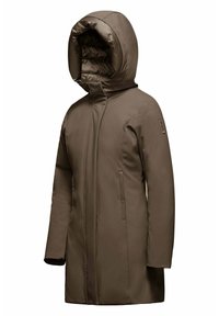 Beige waterdichte jas met capuchon, gladde textuur, rits aan de voorkant, zijzakken en een slim fit ontwerp, met een gewatteerde binnenvoering.