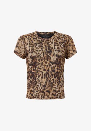 Tričko s krátkym rukávom so vzorom leopardej potlače v hnedých a čiernych tónoch. Má okrúhly golier a mäkkú, ľahkú látku.