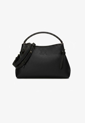Borsa a mano in pelle nera testurizzata con manico singolo superiore e tracolla regolabile, con logo in rilievo sulla parte anteriore.