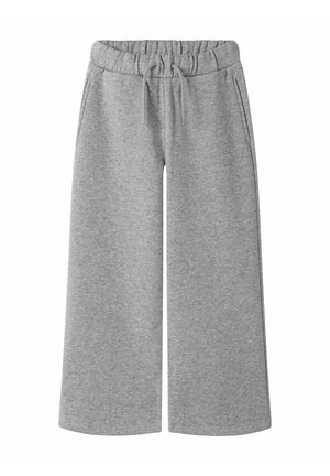Grå vida sweatpants med elastisk midjeband och dragstring, med sidofickor, uppvisade mot en vit bakgrund.
