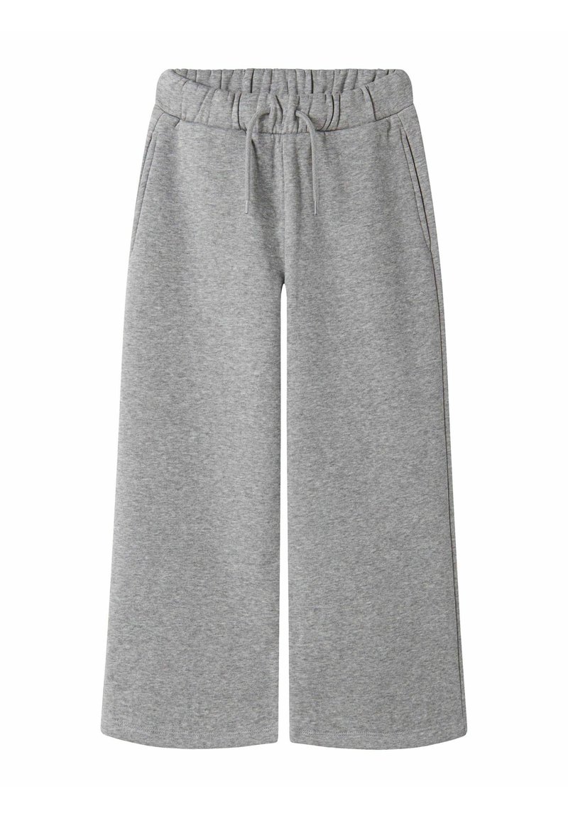 Grijze wijde sweatpants met elastische tailleband en trekkoord, met zijzakken, gepresenteerd op een witte achtergrond.