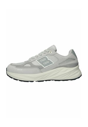 Gray athletic sneakers with a combination of mesh and suede materials. Features a prominent side logo, thick white midsole, and textured outsole.