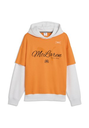Orange og hvid lagdelt hættetrøje med teksten "McLaren Racing" og detaljen "1963" på brystet, med hvid hætte og lange ærmer.