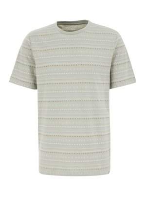 Helles grünes Kurzarm-T-Shirt mit horizontalen Streifen in Creme und Braun, mit rundem Ausschnitt und weichem Stoffgefühl.