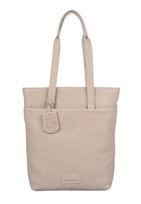 Borsa tote in pelle beige, con due manici lunghi, una tasca frontale e un'etichetta decorativa con il logo di un leone. Texture liscia e design strutturato.