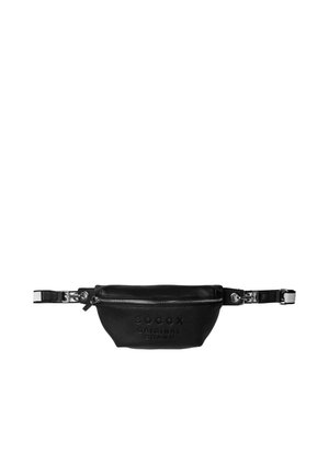 Black leather zippered waist bag with adjustable strap and embossed brand logo centered on the front.