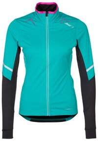 Chaqueta de ciclismo en color verde azulado con un alto cuello, mangas negras y detalles reflectantes. Presenta un cierre frontal completo y un diseño ajustado para la actividad.