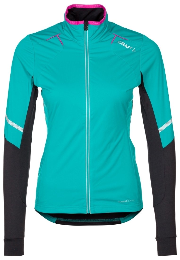 Chaqueta de ciclismo en color verde azulado con un alto cuello, mangas negras y detalles reflectantes. Presenta un cierre frontal completo y un diseño ajustado para la actividad.