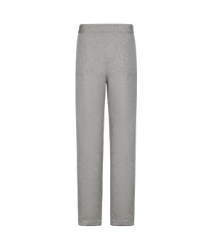 Lichtgrijze rechte broek met elastische tailleband en opgestikte voorzakken, plat liggend op witte achtergrond.