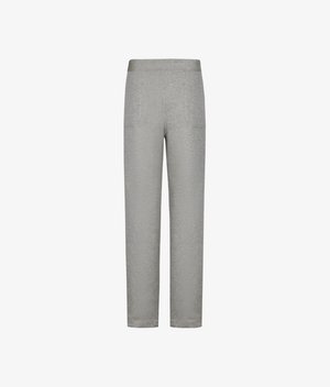 Lysegrå bukser med lige ben, elastik i taljen og forlommer, vist fladt på hvid baggrund.