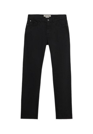 Czarne dżinsy o prostym kroju, klasyczny styl pięciu kieszeni, zapięcie na guzik i subtelne detale przeszycia.