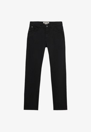 Czarne dżinsy o prostym kroju, klasyczny styl pięciu kieszeni, zapięcie na guzik i subtelne detale przeszycia.