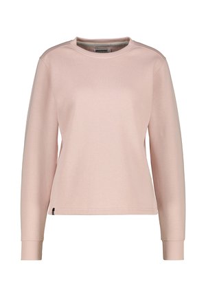 Sweatshirt rose clair à manches longues avec un col rond, tissu doux, poignets côtelés et une petite étiquette logo à l'ourlet. Fini lisse sur l'ensemble.