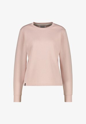 Lichtroze sweatshirt met lange mouwen en een ronde hals, gemaakt van zachte stof, met ribbelmanchetten en een klein logotag aan de zoom. Glad afwerking overal.