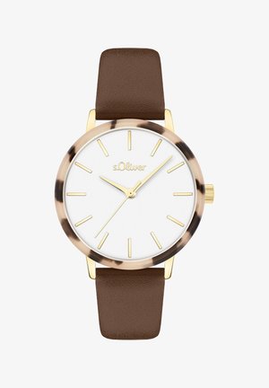 Horloge met een bruine leren band, witte wijzerplaat, goudkleurige wijzers en een rand met schildpadpatroon. Merknaam 's.Oliver' zichtbaar op de wijzerplaat.