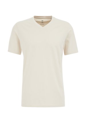 V-hals t-shirt in licht beige, korte mouwen, gemaakt van zachte katoen, met een gladde textuur en een standaard pasvorm.