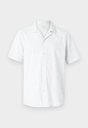 Short-sleeved, light gray button-up shirt made of a linen blend, with a camp collar and six buttons down the front, smooth texture.