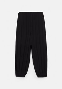 Pantalon noir ample avec ceinture élastique et poignets aux chevilles, présentant une texture verticale subtile et un cordon à la taille.
