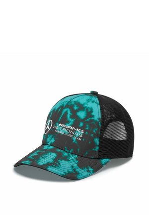 Czapka zespołu AMG Petronas Formula One w turkusowo-czarnym wzorze tie-dye, z czarnym siateczkowym tyłem i zakrzywionym daszkiem.
