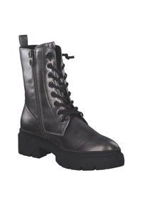 Schwarze metallische Leder-Stiefelette mit schnürbarem Vorderteil, seitlichem Reißverschluss, wuchtiger schwarzer Sohle und auffälligen Nähdetails.