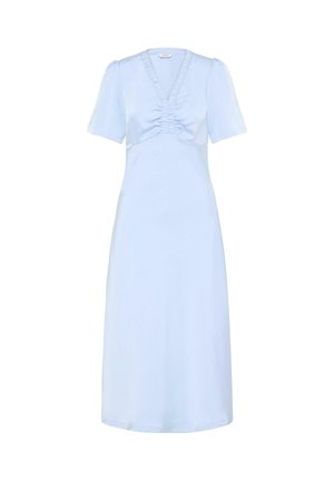 Light blue midi dress with short puff sleeves, V-neckline, and gathered ruching at the bust, displayed on a white background.