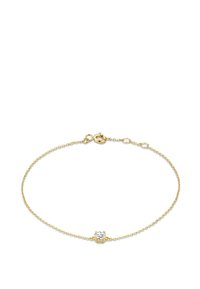 Goldene Kettenarmband mit einem zentralen klaren Edelstein, das ein zartes Design und einen Verschluss hat. Die Kette besteht aus kleinen Gliedern.