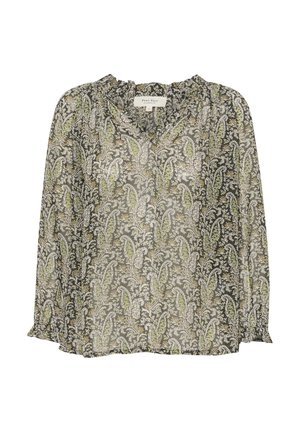 Blusa trasparente a maniche lunghe con scollo a V; presenta un motivo floreale in verde, bianco e giallo su sfondo nero. Materiale morbido e leggero.