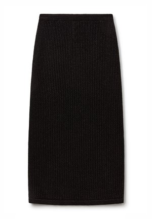 Zwarte geribbelde gebreide kokerrok met een slanke silhouet, met een soepele tailleband en een gestructureerde stof voor extra dimensie.