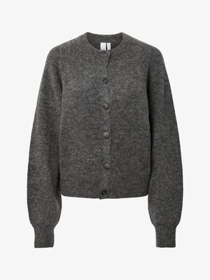 Tumehall villane kardigan, millel on pikad varrukad, soonikkoes labad, ümmargune kaelus ja kuus esistappi.