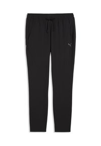 Μαύρα αθλητικά παντελόνια jogging με ελαστική μέση, κορδόνι, πλαϊνές τσέπες εκ των οποίων η μία έχει φερμουάρ, και το λογότυπο της Puma στο δεξί μηρό.